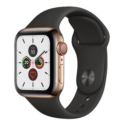 APPLE Watch Series 5 Cellular - Gold Stainless Steel with Black Sports Band, 44mm - Very Good