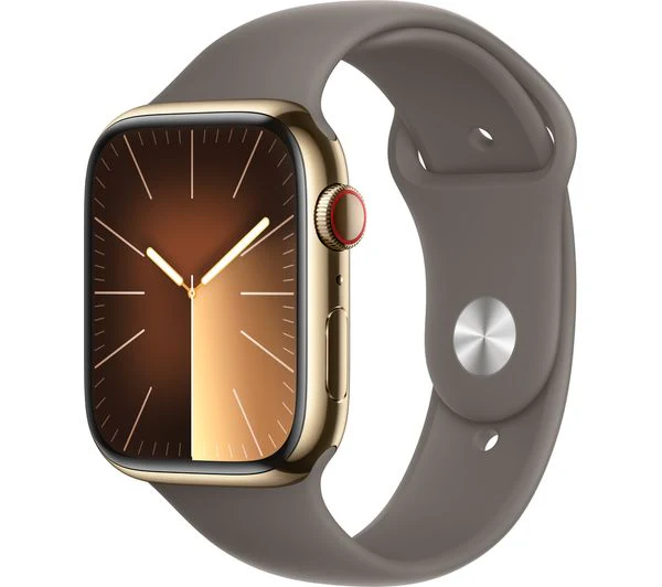 Apple Watch Series 9 GPS + Cellular, 45mm Gold Stainless Steel Case with Clay Sport Band - M/L - Pristine