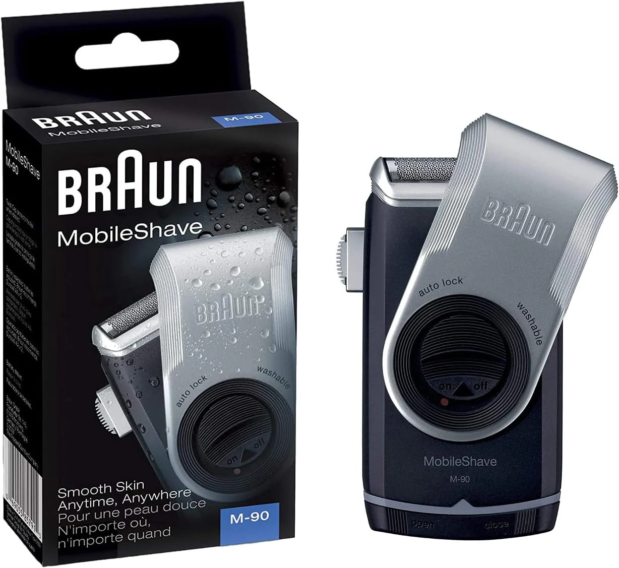 Braun PocketGo Mobile Shave Electric Travel Shaver, for On The Go, Fully Washable, M90, Black/Silver