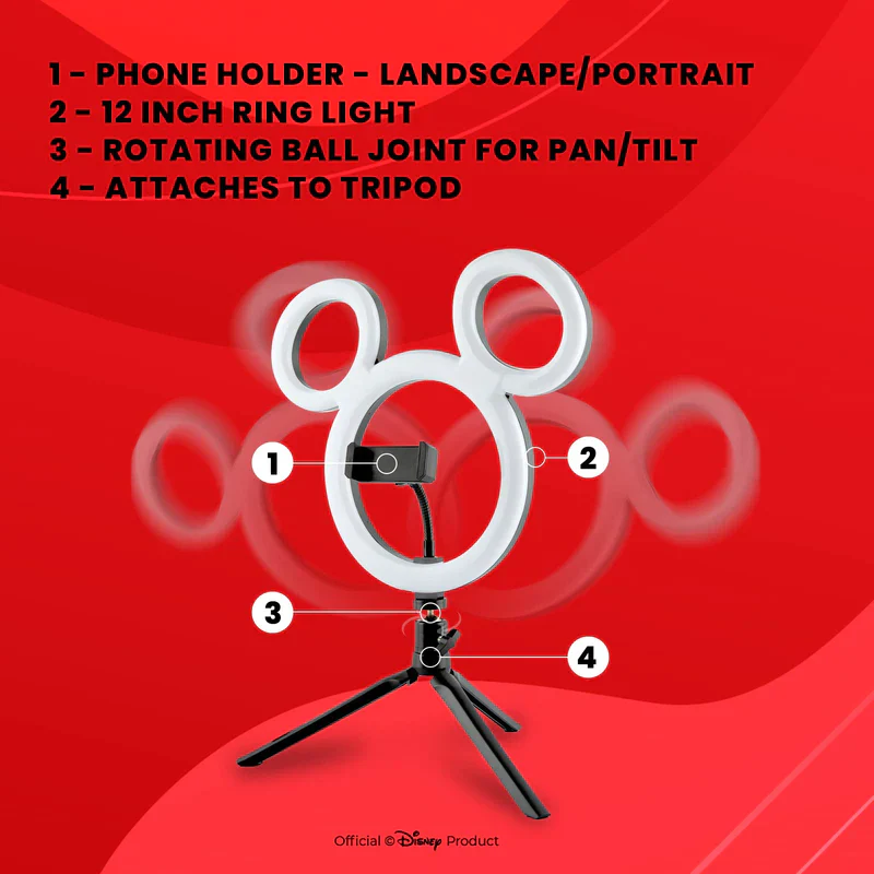 Disney Mickey Mouse Ring Light- 12 Inch LED Ring Light with Tripod and Built in Phone Holde and 3 Light Settings- Mickey Mouse Gifts - Image 3