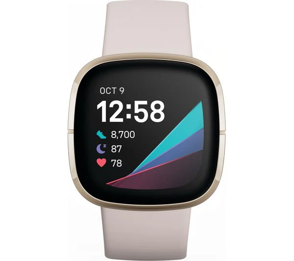FITBIT Sense Smart Watch with Alexa & Google Assistant - Lunar White & Soft Gold - Acceptable (SCREEN POOR)