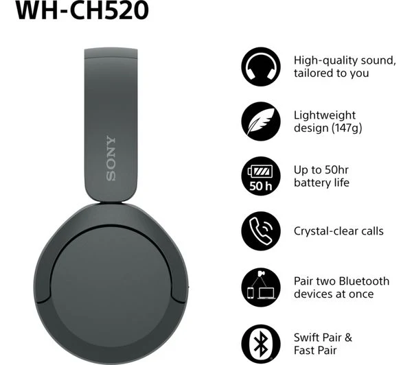 SONY WH-CH520B Wireless Bluetooth Headphones - Black - Good - Image 11