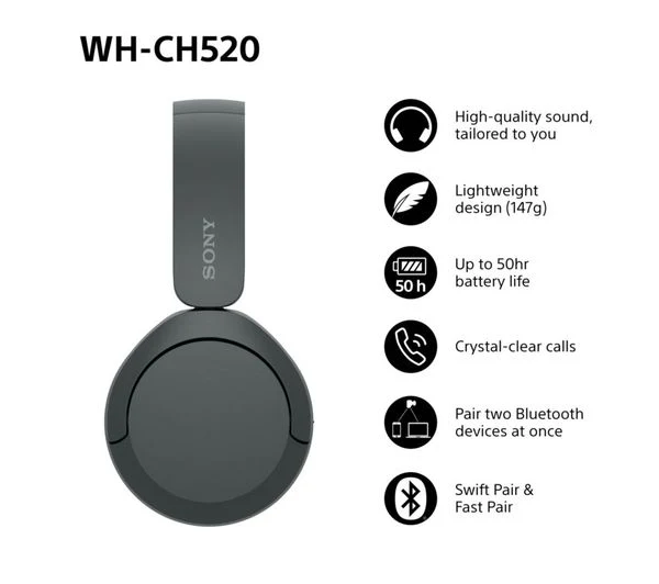 SONY WH-CH520B Wireless Bluetooth Headphones - Black - Good - Image 5